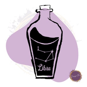 May include: A black and white illustration of a glass bottle with a cork stopper. The bottle is filled with a dark liquid and contains the constellation Libra with the word "Libra" written below it.