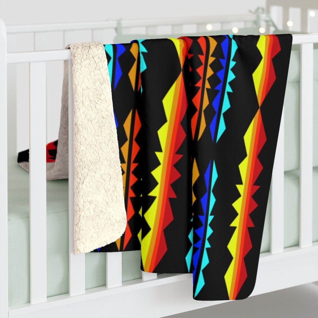 Throws Sherpa Fleece Blanket Red Yellow First Americans Black