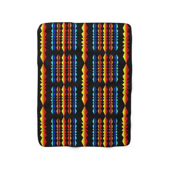 Throws Sherpa Fleece Blanket Red Yellow First Americans Black