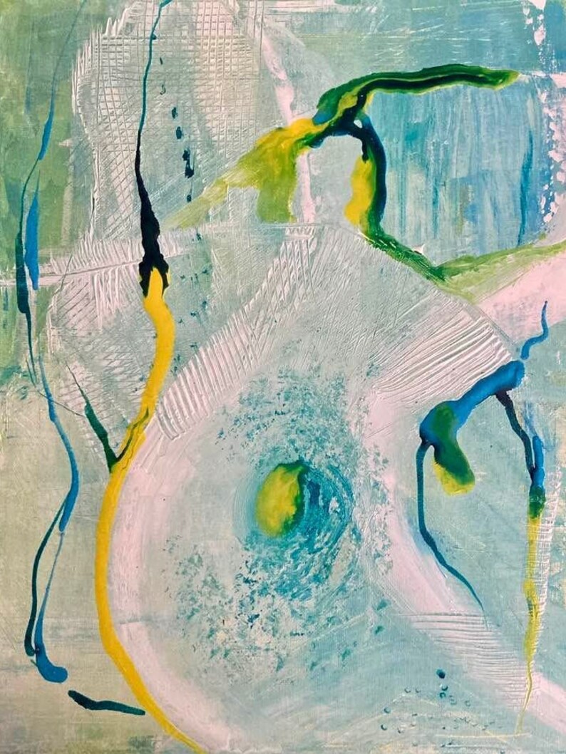May include: Abstract painting with a swirling blue and yellow center, surrounded by white, green, and blue lines and shapes.