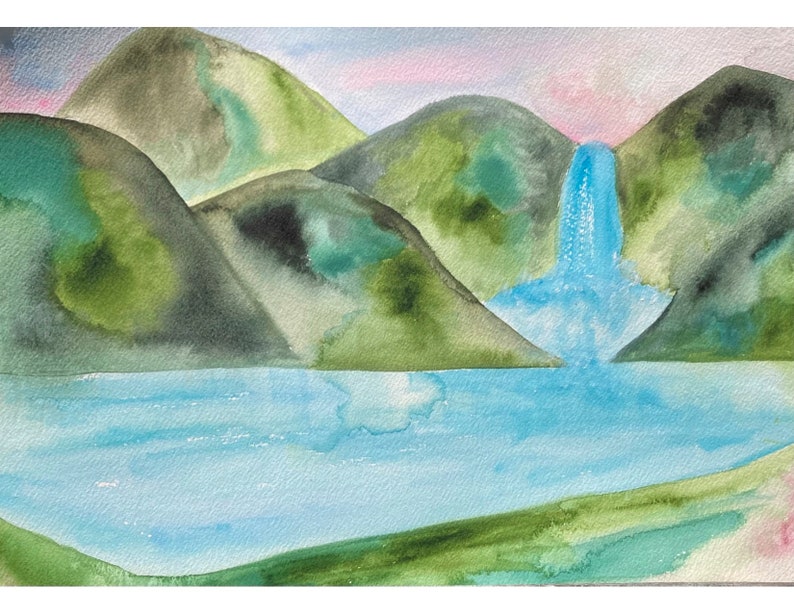 May include: Watercolor painting of a blue waterfall cascading down between two green hills into a blue lake.