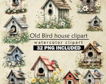 Old Birdhouse Clipart, Watercolor Spring PNG, Rustic Birdhouse Art, Digital Download, Printable Craft, Junk Journal, High Quality 32 PNG