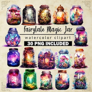 Aquarel magische potten PNG, Junk Journal, Mystery Manson Jars, Fantasy clipart-bundel, sprookjesachtige magische potten, plakboek, commercieel gebruik