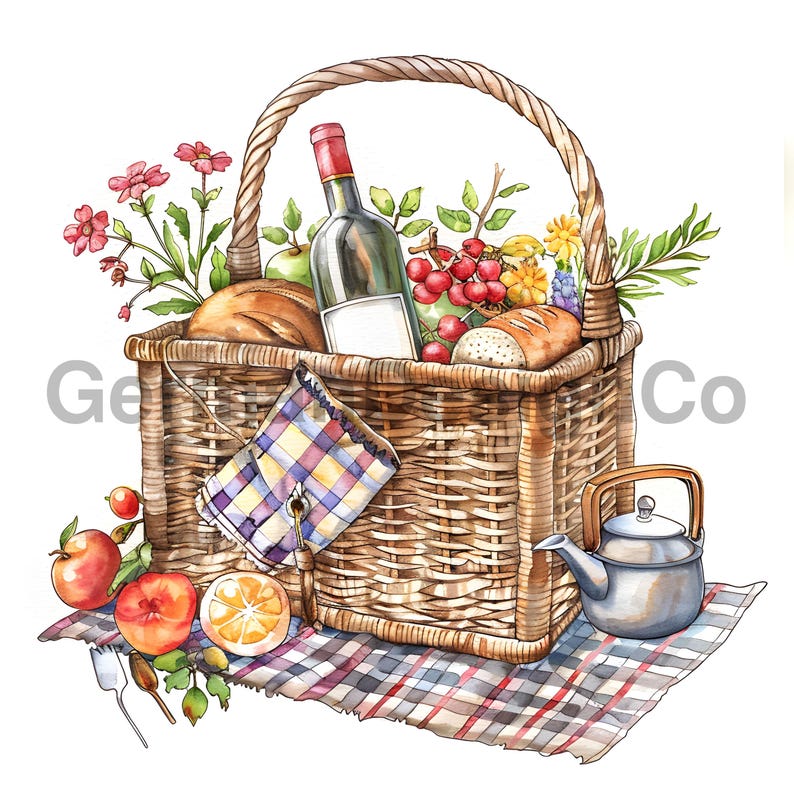 Picnic Basket Art Watercolor Spring Picnic Food Basket, Summer Picnic ...