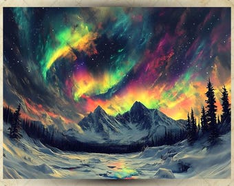Northern Lights Clipart, watercolor Mountain, Pine Trees, Aurora Borealis Printable High Quality 14 JPGs, Junk Journal, Card making