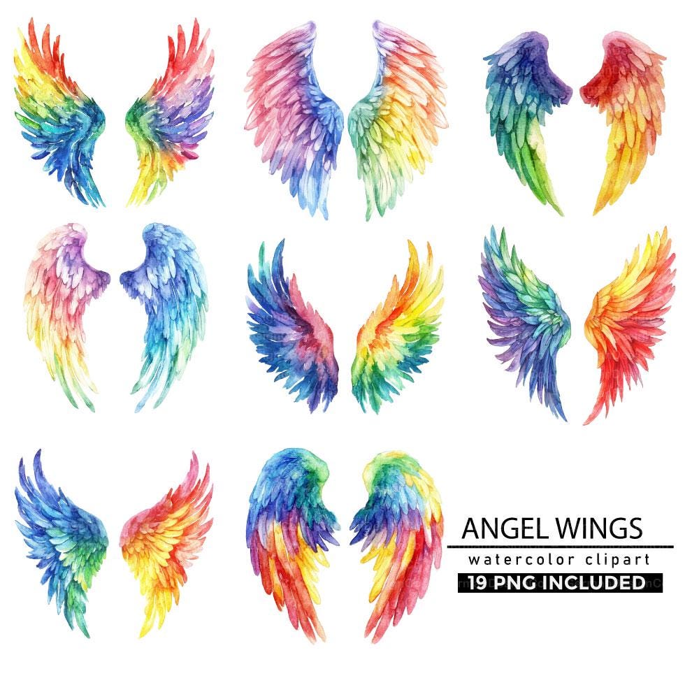 19 Rainbow Angel Wings Clipart, Watercolor clipart, Feather wings PNG, Fantasy Wings Clipart, Heaven Clipart, Digital Download
