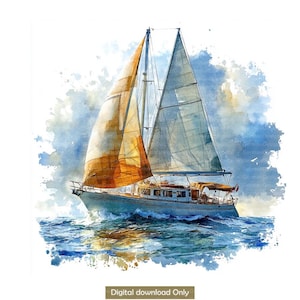 Watercolor Sailboat Clipart: Vintage Nautical Boat Art (JPG Digital Download)
