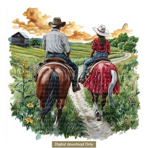 Cowboy and Cowgirl Riding Horses in village road Clipart Bundle- 16 High Quality Watercolor JPGs- Journaling, Scrapbook Supply