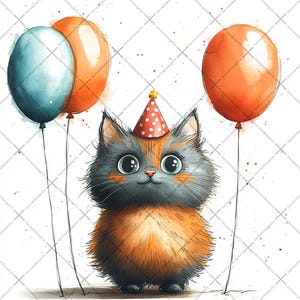Happy Cat Party Hat with balloon Clipart, Watercolor Cute Cat , Party cat Happy Birthday Cat,  Card Making, Paper Craft, Digital Download