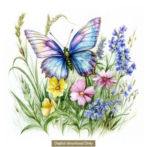 Floral butterfly art, Butterfly flower watercolor clipart, butterfly download high quality 10 JPGs, Junk Journal, Paper craft