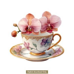 15 Clipart di orchidee in tazza da tè, tazza da tè floreale, clipart acquerello stampabile, PNG di alta qualità, download digitale, lavoretti di carta, diario di scarto