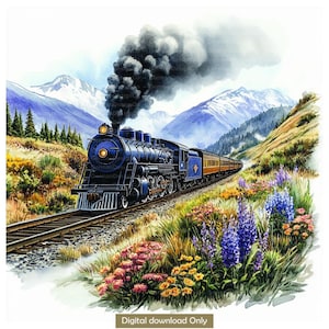 Watercolor Steam Train Clipart: Vintage Locomotive Art (Digital Download, JPGs, 300 DPI)