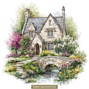 Cottage Watercolor Art Print: Whimsical Storybook House (Digital Download)