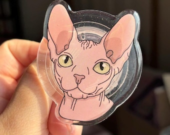 Lindo soporte para teléfono de acrílico con purpurina de gato Sphynx
