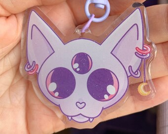 Purple Pastel Goth Kitty Glitter Acrylic Keychain
