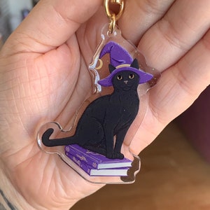 Witchy Black Cat Glitter Acrylic Keychain