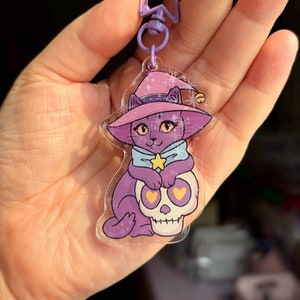 Purple Witchy Kitty Holographic Acrylic Keychain