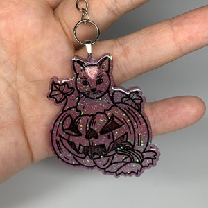 Kürbis-Katze-lila Halloween-Harz Keychain