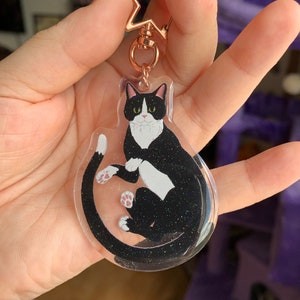 Tuxedo Cat Glitter Acrylic Keychain