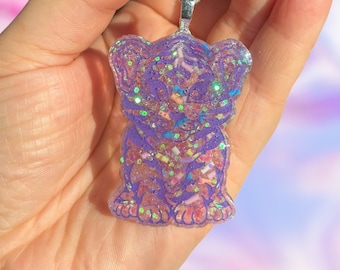 Lisa Frank Inspired Tiger Purple Glitter Keychain