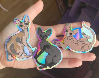 May include: Three iridescent stickers featuring different breeds of cats. The stickers are on a hand, and each cat is in a different pose. The cats are a brown tabby, a black and white cat, and a light brown cat.