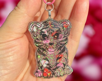 Llavero de tigre morado con purpurina inspirado en Lisa Frank para San Valentín