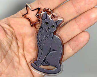 Porte-clés acrylique à paillettes de chat bleu russe