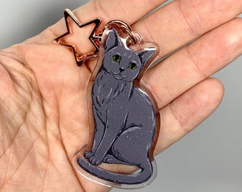 Russian Blue Cat Glitter Acrylic Keychain