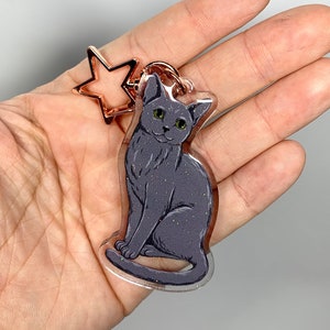 Russian Blue Cat Glitter Acrylic Keychain