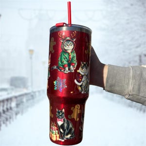 Resin Holiday Kitties Stainless Steel Insulated Tumbler Christmas With Handle + Straw, 40oz