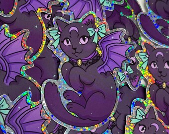 Bat Kitty Waterproof Holographic Sticker Kawaii Pastel Goth