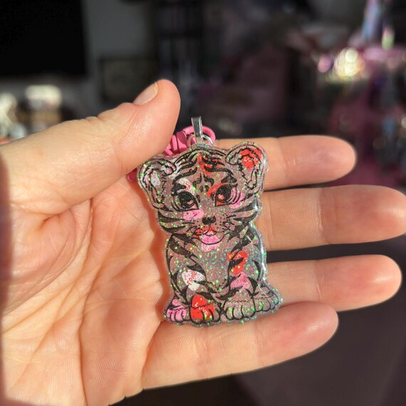 Lisa Frank Inspired Tiger Purple Glitter Keychain Valentines - Etsy