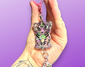 Llavero colgante con cola de tigre, corazones pastel, kawaii y purpurina inspirado en Lisa Frank