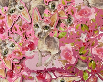 以下が含まれることがあります： ピンクと白のステッカーのセットで、毛のない猫と花のアクセントが描かれています。ステッカーは、ラップトップ、水筒、ジャーなどに遊び心のあるタッチを加えるのに最適です。