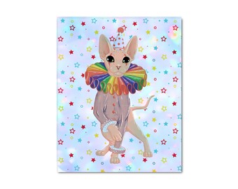 Holographic Art Print Sphynx Cat Clown Carnival