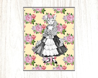 Könnte beinhalten: Eine Schwarzweißillustration einer Katze, die ein Kleid trägt und einen Blumenstrauß hält. Die Katze steht auf einem gelben Hintergrund mit einem rosafarbenen Blumenmuster.