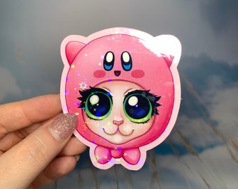 Adesivo holográfico fofo de gatinho rosa estilo kawaii para videogames