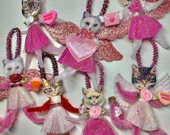 Shabby Valentines Vintage Cat Chenille Pipe Cleaners Ornaments