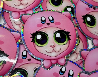 Adesivo holográfico fofo de gatinho rosa kawaii para videogame à prova d'água