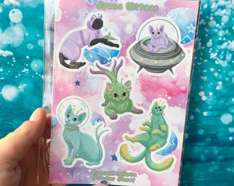 Space Kittens Sticker Sheet Cute Glossy Pastel Aliens