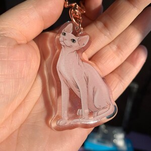 May include: A clear pink and white resin keychain featuring a detailed illustration of a hairless cat. The cat is sitting with its tail curled around its legs. The keychain has a gold metal ring.