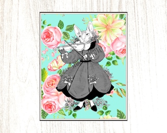 Könnte beinhalten: Eine Schwarzweißillustration einer Katze, die Geige spielt. Die Katze trägt ein Kleid und ist von rosa und gelben Blumen auf einem türkisfarbenen Hintergrund umgeben.