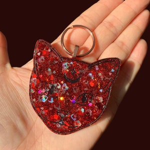Moon Cat Halloween Resin Keychain Red Hearts