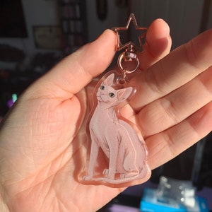 May include: A clear keychain charm featuring a pink hairless cat with a gold star charm attached to the top.