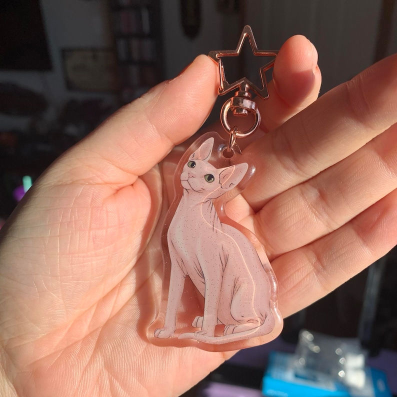 May include: A clear keychain charm featuring a pink hairless cat with a gold star charm attached to the top.