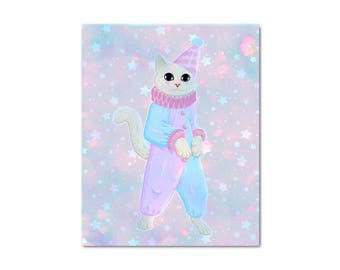 Holografischer Kunstdruck Pastell Katze Clown Karneval