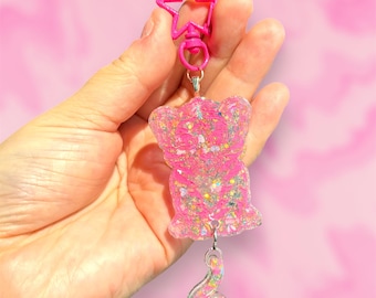 Llavero colgante con cola de tigre rosa pastel con purpurina kawaii inspirado en Lisa Frank