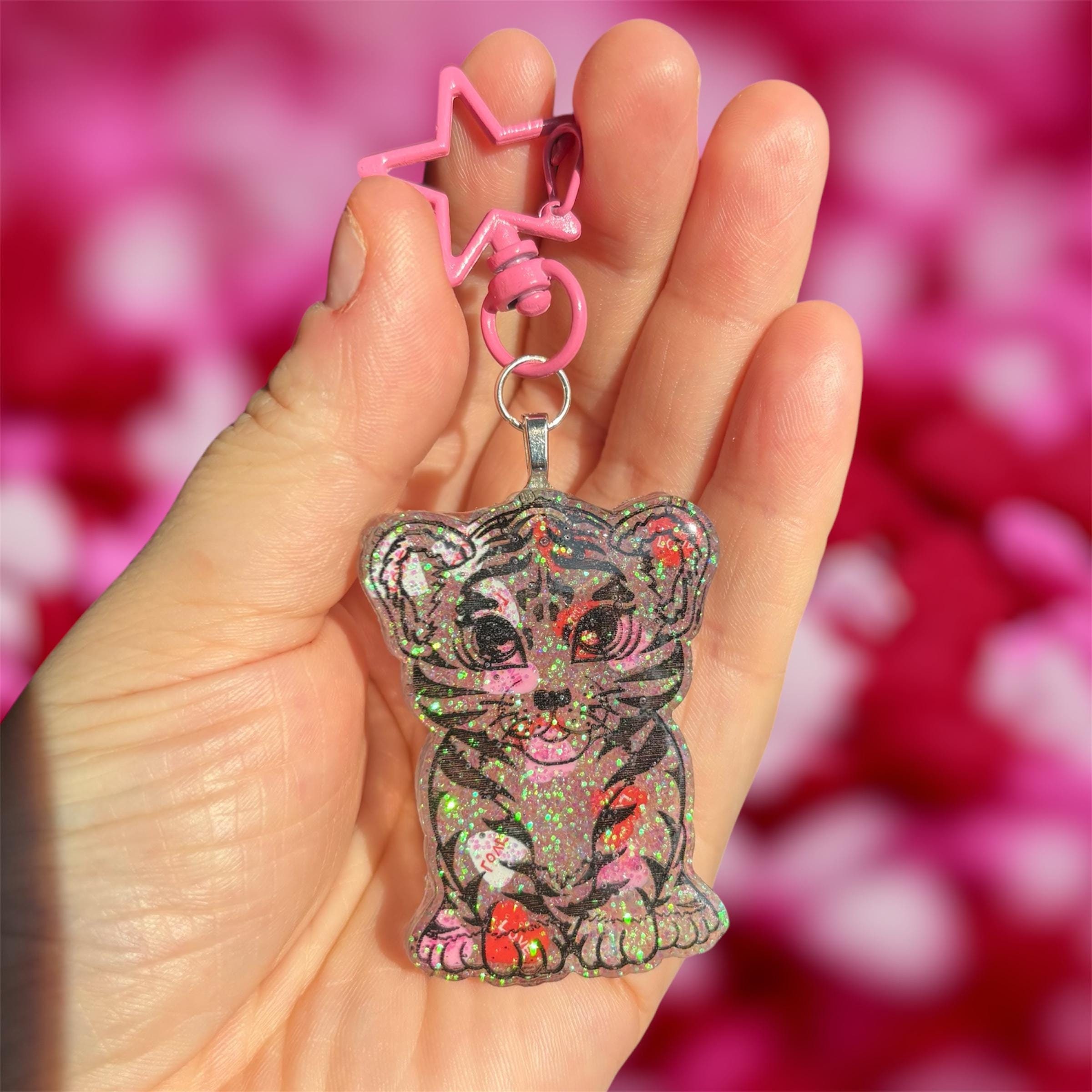 Lisa Frank Inspired Tiger Purple Glitter Keychain Valentines - Etsy