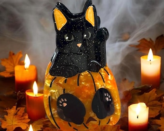 Black Cat Halloween Hair Claw Clip High Quality Yellow Eyes Glitter Pumpkin