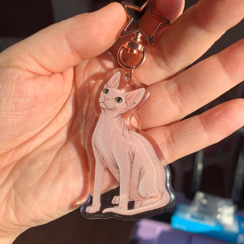 May include: A pink and white hairless cat keychain charm with a star-shaped metal ring. The charm is made of clear acrylic and features a detailed illustration of a cat with green eyes.